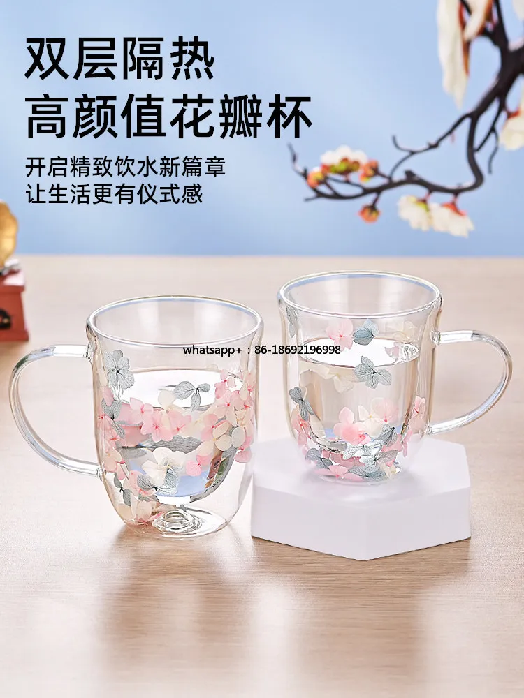 

Двухслойная стеклянная кружка для воды с настоящими цветами, высококачественная, термоизолированная, устойчивая к высоким температурам, для домашнего использования, для молока