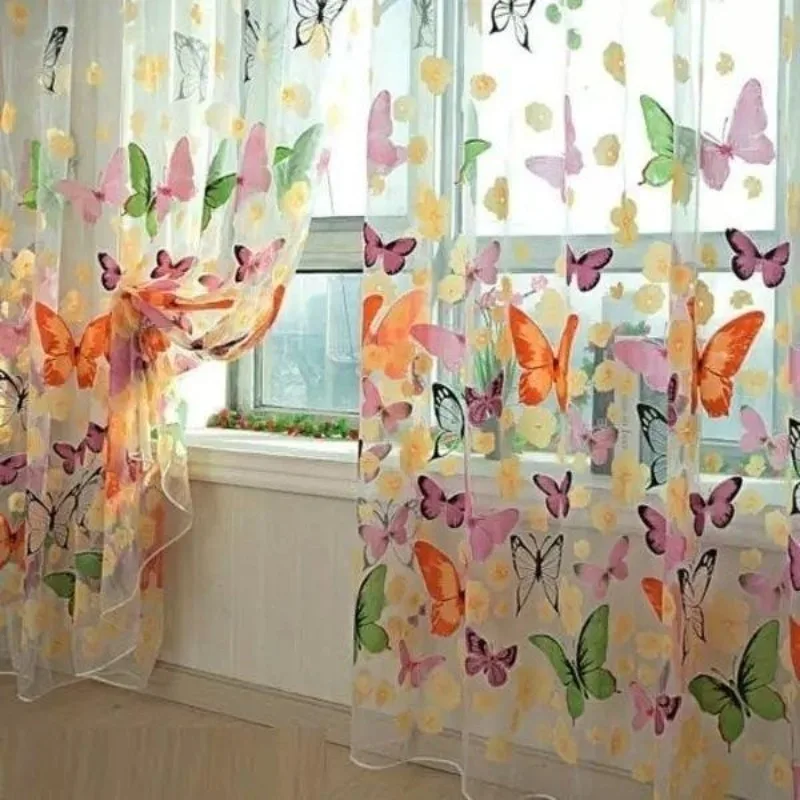 1PCS Rod Pocket Window Curtain Large Butterfly Print Screens New Beautiful Home Decor