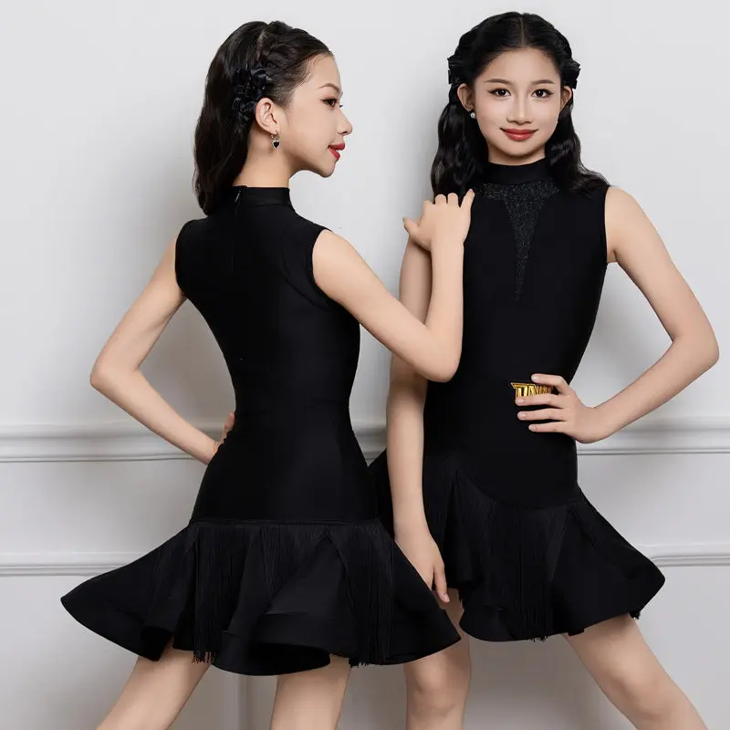 

Black Latin Dance Performance Clothes Girl Cha Cha Rumba Dance Training Set Sleeveless Bodysuit Skirt Set Latin Stage Wear 5494