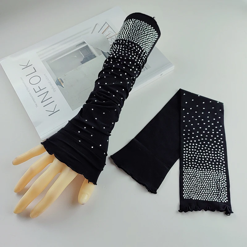 Women Summer Outdoor Driving Sun Protection Ice Silk Long Gloves Sexy Flash Drill High Elastic Half Finger Sunscreen Arm Sleeve