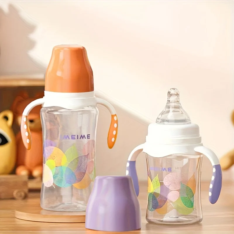 baby bottle, made of food grade PP material, safe and durable for newborns, with handle, wide caliber, lightweight