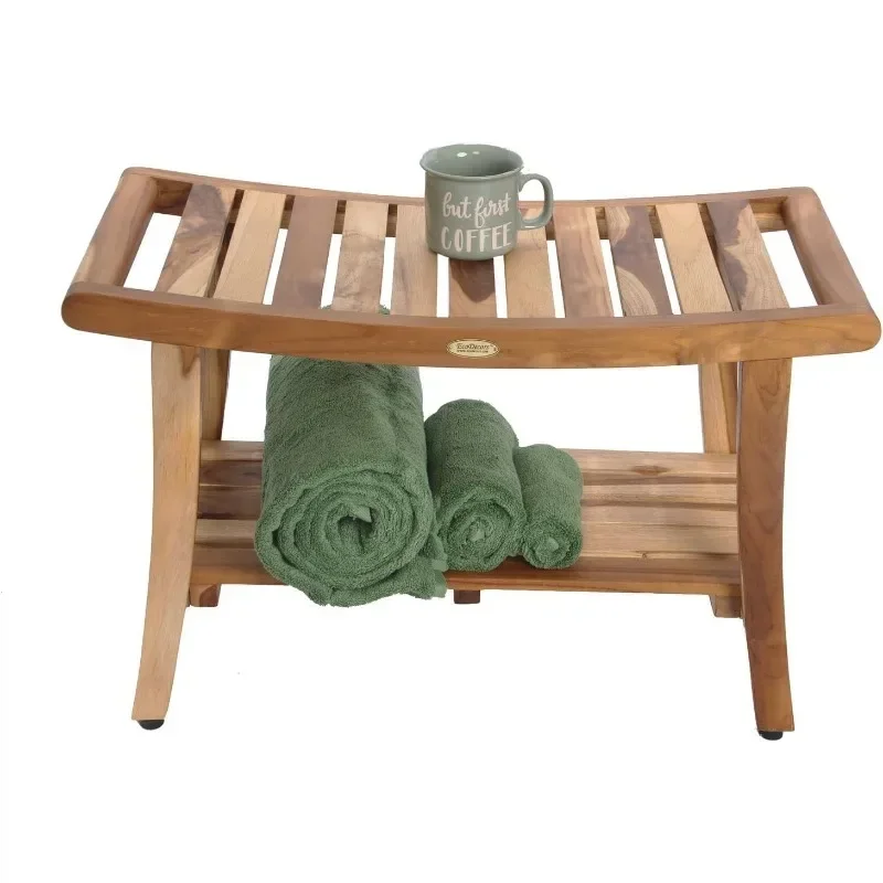 Teak Shower Bench 30" Long Natural Wood Shower Bench with Shelf and LiftAide Arms Shower Stool in Earthy Teak