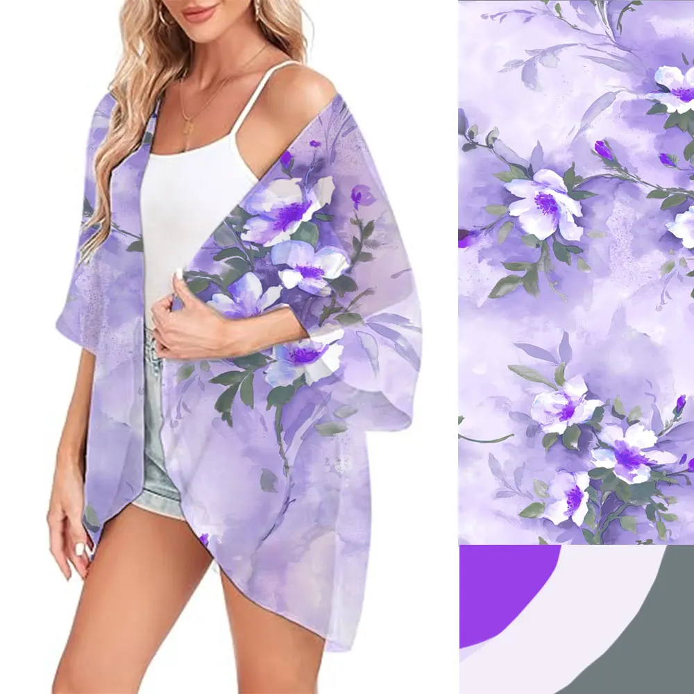 3D Purple Floral Printed Kimono Cardigan Chiffon Covers Up Kimono Hawaiian Beach Coat Loose Sexy Breathable T-shirts Outwear