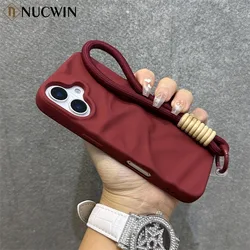 Fashion Solid Colours Pleated Lanyard Cover for iPhone 17 Air 17 16 15 14 13 12 Pro Max Plus Bracelets Slim Silicone Soft Case