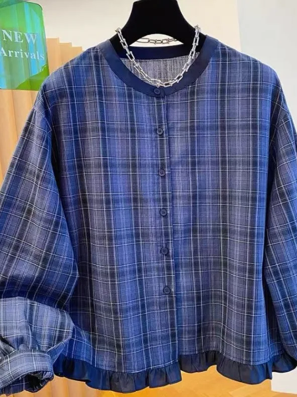 

Аутентичная весенняя модная корейская синяя клетчатая повседневная круглая женская блузка с цветочным принтом Quali, женская блузка