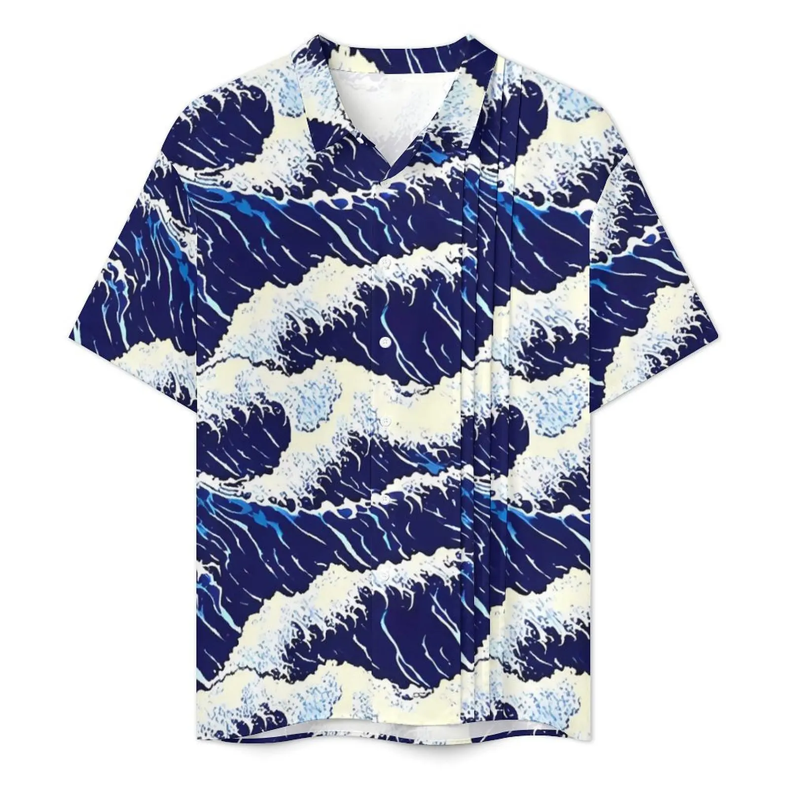 Vintage Blue Wave Japanese Hawaiian Shirt For Men Beach  Casual Shirts Short-Sleeve Y2K Fashion Design Classic Oversized Blouses