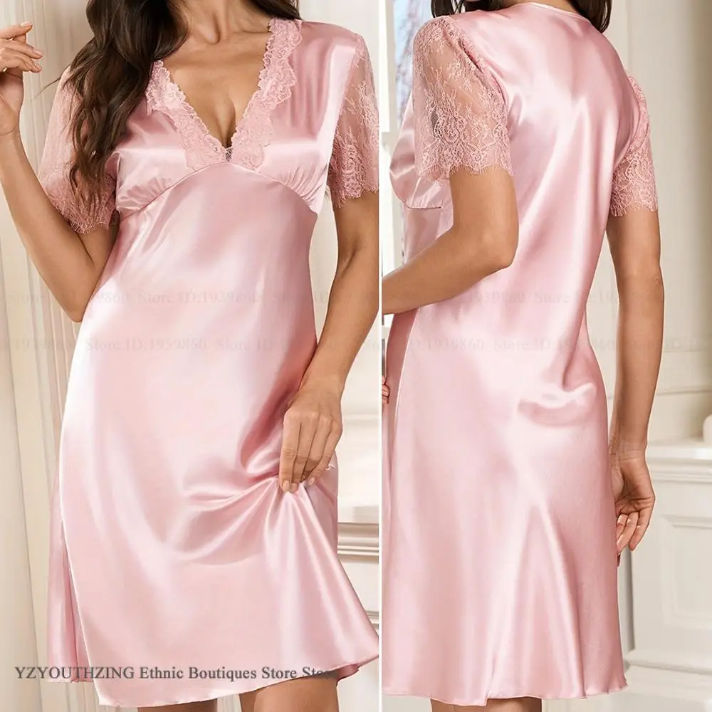 

Розовая женская ночная рубашка из ледяного шелка, пижама, сексуальная кружевная ночная рубашка с v-образным вырезом, одежда для дома, весна-лето, свободная домашняя одежда, домашняя одежда, ночная рубашка