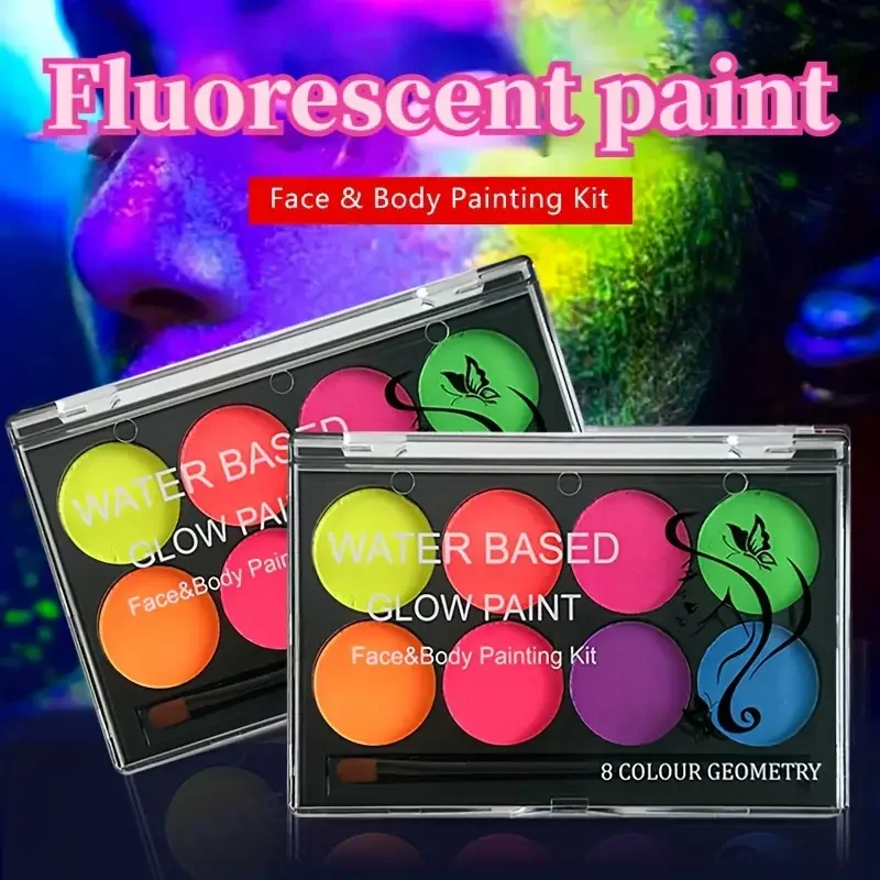 8 Color Water Face Paint Kit Fluorescent Neon Body Paint Glow dark Fast Dry Body Skin Cosplay Makeup With Stencil And Brush