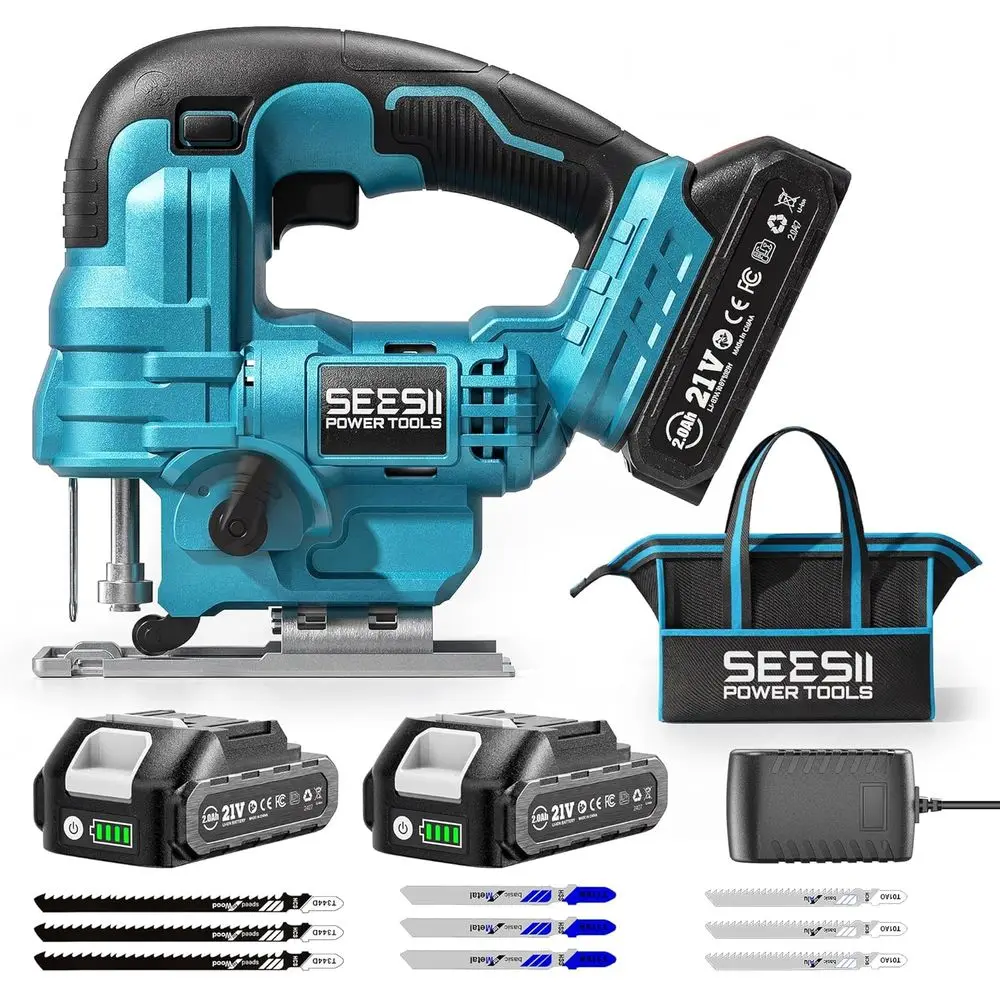 

2.0Ah Battery-Powered Jigsaw with ±45° Bevel, 4 Orbital Actions, LED Light, and Storage Bag