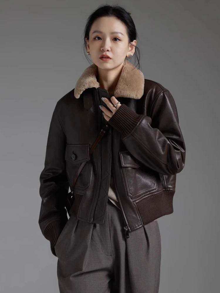 Vintage Kurze Echtes Leder Winter Motorrad Jacken für Frauen High-end Einfache Echt Lamm Pelz Kragen Schaffell Stepp Mantel