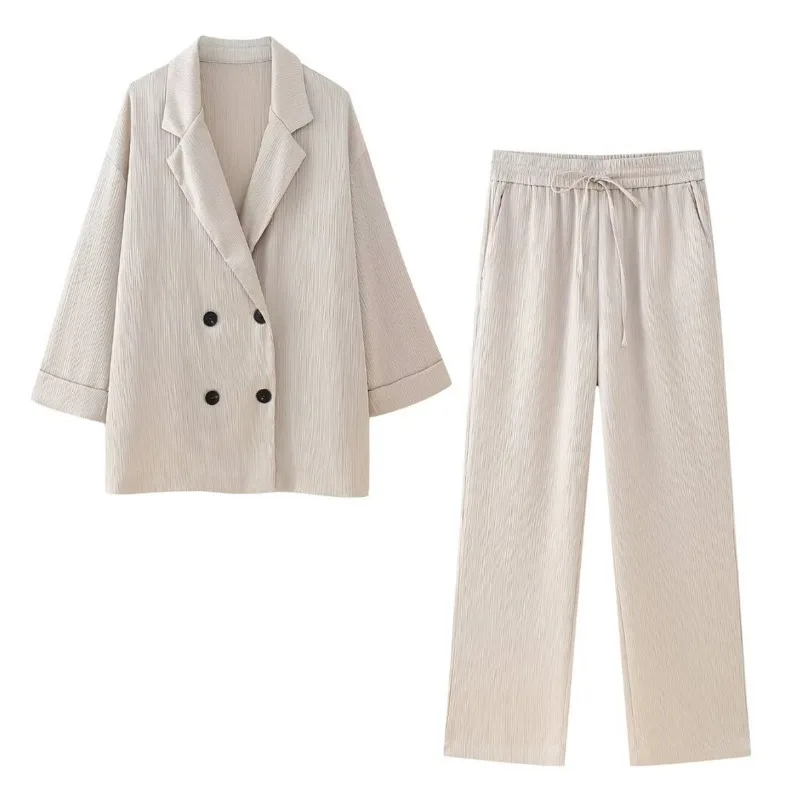 EAEOVNI بلون المرأة قطعتين مجموعة موضة زر مزدوج السترة معطف + السراويل الطويلة مطوي فضفاضة عادية 2025 الخريف جديد