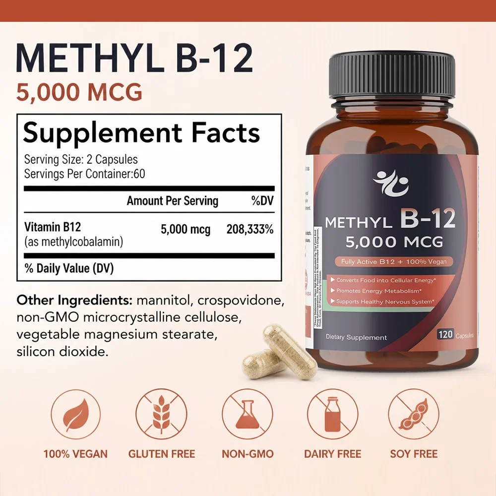 Vitamin B12 Supplement Capsule, Benefit Brain & Heart Function, Support Memory, Learning, Metabolism, Helps Boost Natural Energy