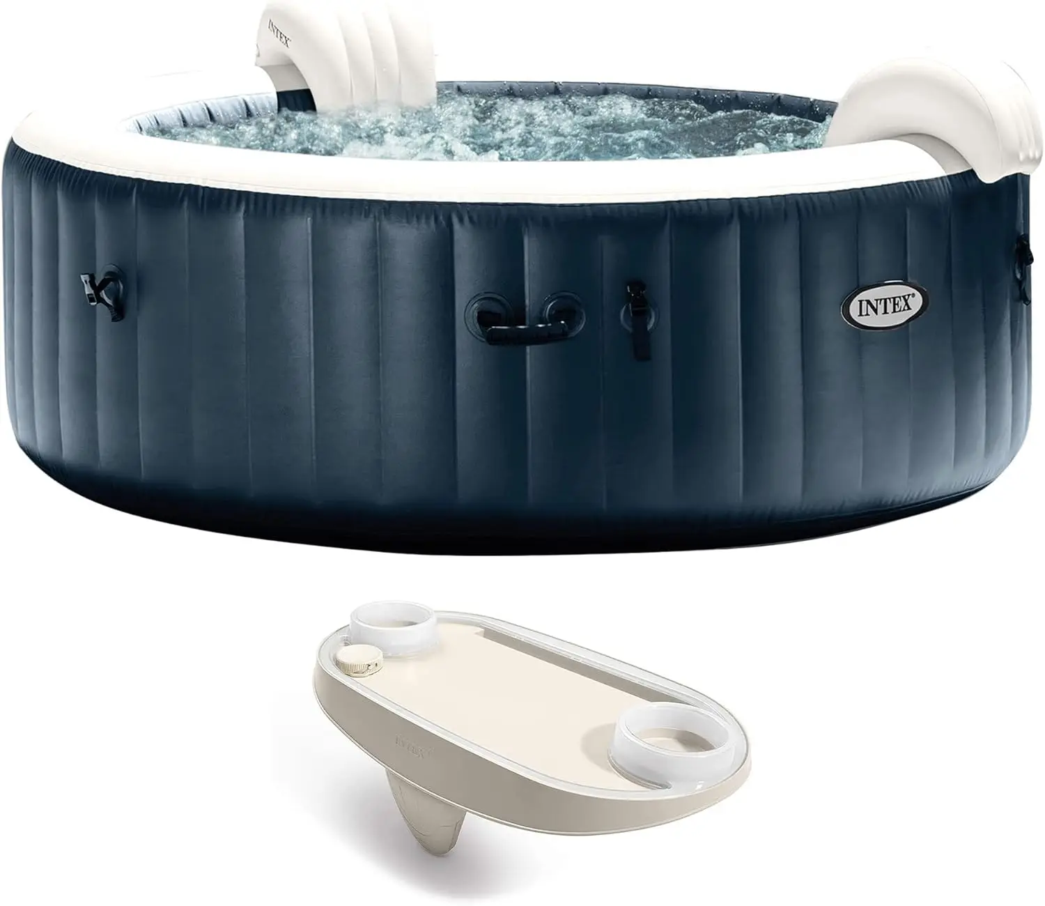 Purespa Plus 6 Person Portable Durable Inflatable Hot Tub Bubble Jet Spa With Tablet And Mobile Pe Tray Accessory, Cobalt Blue