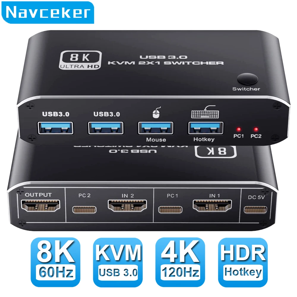 2023 Best HDMI 2.1 KVM Switch 4K 120Hz HDMI USB KVM Switch Dual Port USB HDMI 2.1 Switcher 2X1 4K 60Hz 8K 60Hz 2 PC 1 Monitor