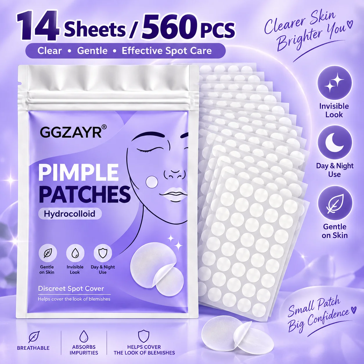 560PCS Hydrocolloid Pimple Patches, 14 Sheets Clear Round Face Spot Covers for Day & Night Use