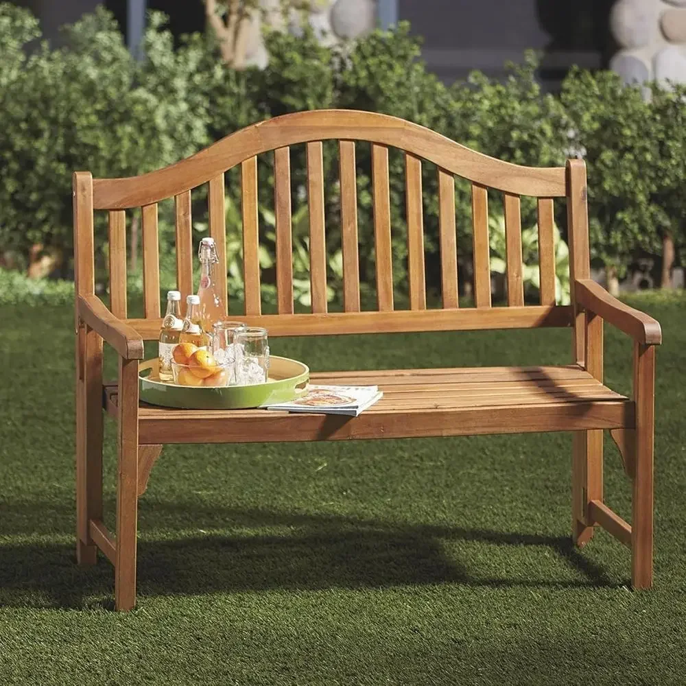 Curved Backrest Acacia Wood Bench, 48 Wide Outdoor Patio Seating, Teak Color