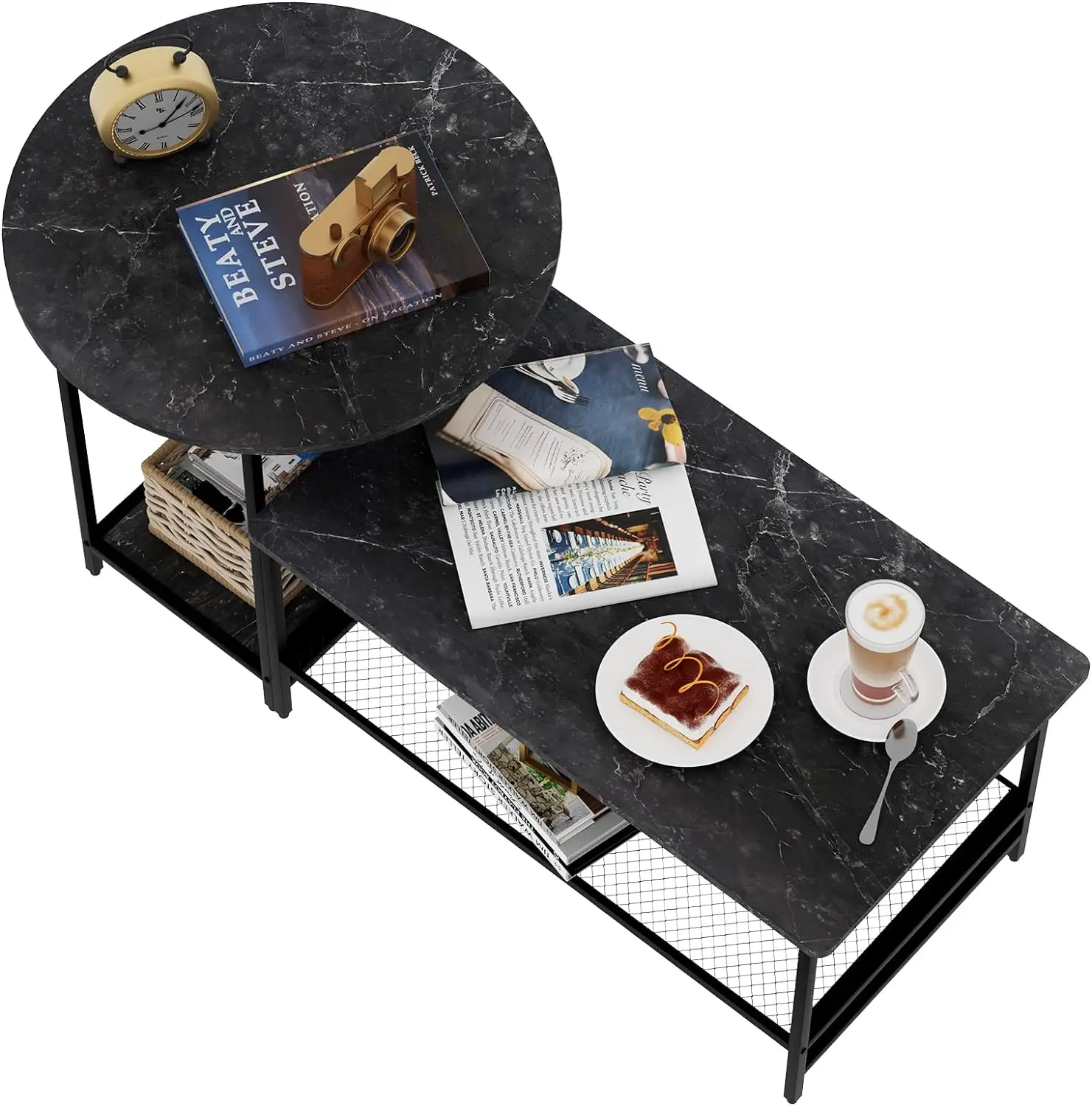 

Coffee Table Faux Marble Set of 2 Large Round and Long Rectangle 2 Tiers Wood Storage Shelf Detachable Living Room Black Marble