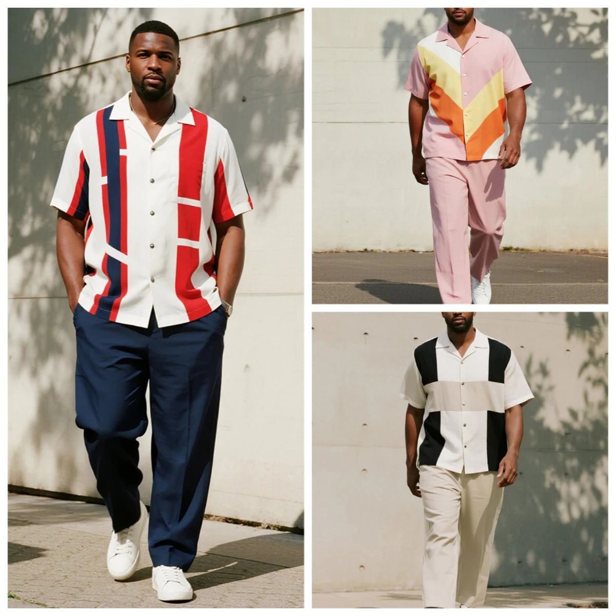 

S-9XL Men's Retro Color Block Geometric & Striped Print Shirt & Pants Set Multi-Design Casual 2-Piece Summer Outfit