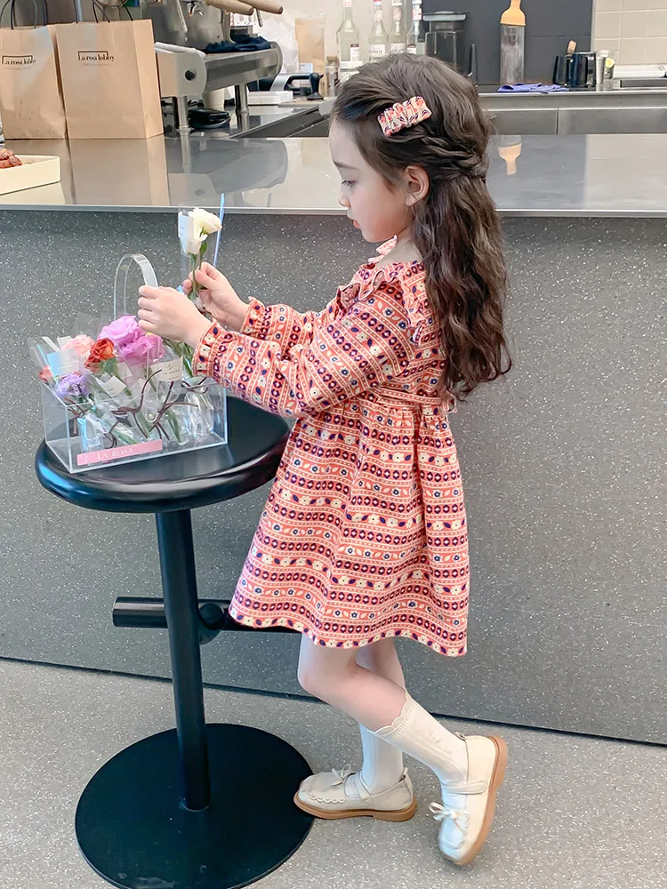 Princ Sle Long Sve 花柄プリント コットン Dr 女の子用 秋シーズン 子供服 スイート Sle ミディスカート