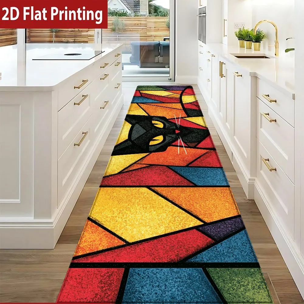 Stained Glass Style Black Cat Print Bath Mat, Non-Slip Washable Durable Runner Rug for Bathroom & Artistic Boho Home Decor