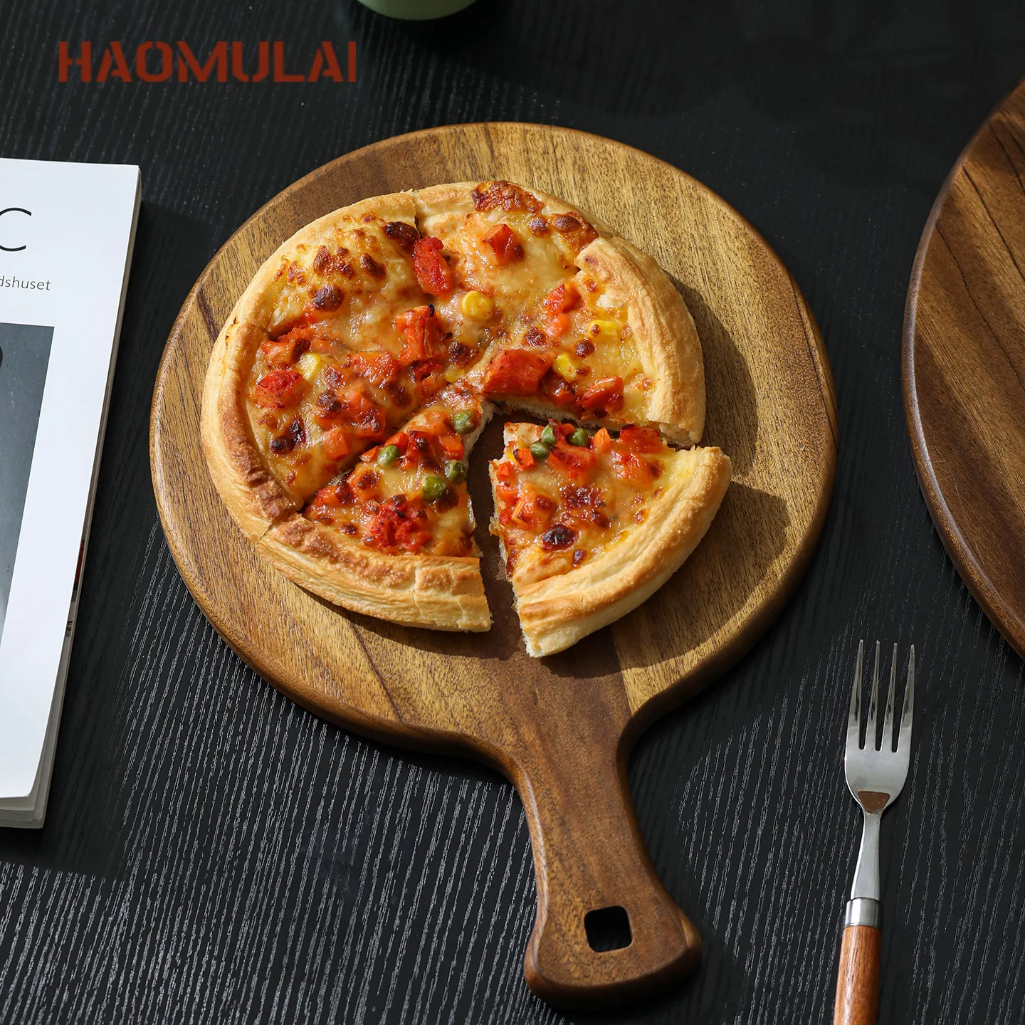 Round Pizza Pan Commercial Solid Wood Pizza Board Tray Wooden 9/10/12 Inch Steak Dinner Board Fruit Complementary Board