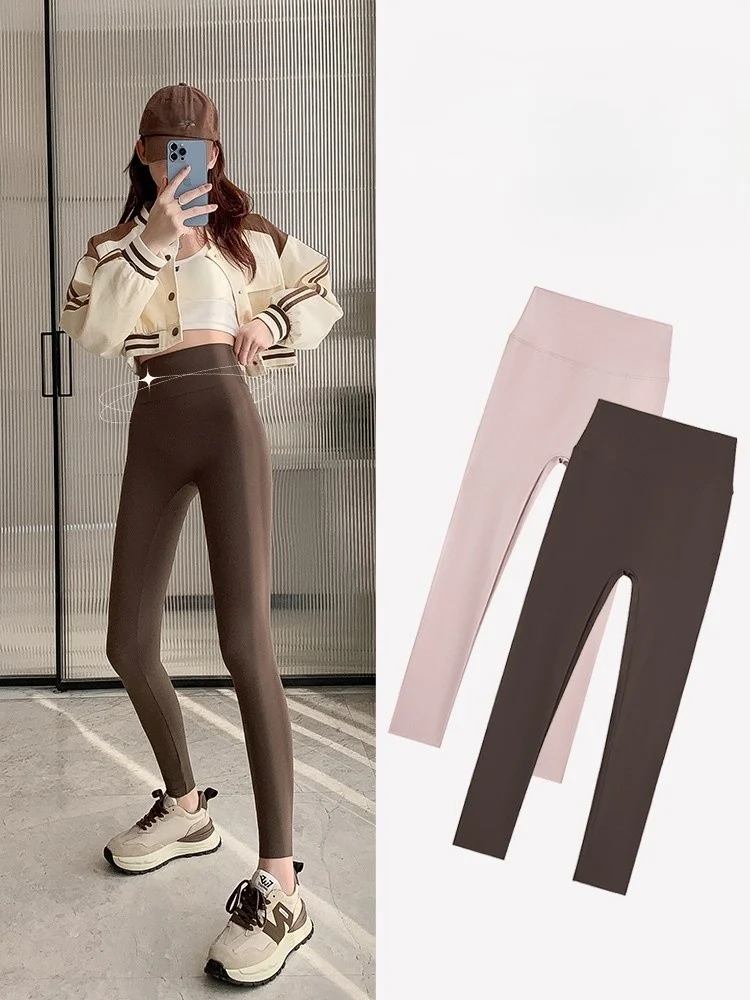 Pantaloni da yoga Marrone Donna Inverno Caldo Pile Velluto spesso Addensare Collant Termico Prevenire il freddo Comodo Elastico Casual Moda GF