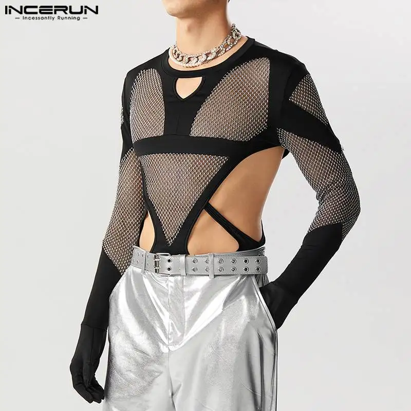 INCERUN Men Bodysuits Mesh Patchwork Transparent 2024 Hollow Out Rompers T Shirt Men Gloves O-neck Long Sleeve Bodysuit S-5XL