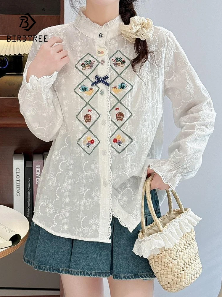 

New 2026 Spring Women Cotton Long Sleeve Shirt, Stand Embroidery, Mori Girl OL Preppy Style Age Reduction Loose Blouse T63621CC