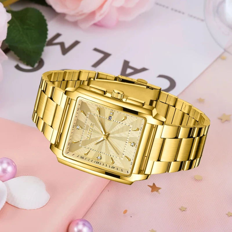 LIGE Fashion Square Watch Women Top Brand Luxury Women Watch Casual Sport Waterproof Quartz Chronograph Wristwatch Montre Femme