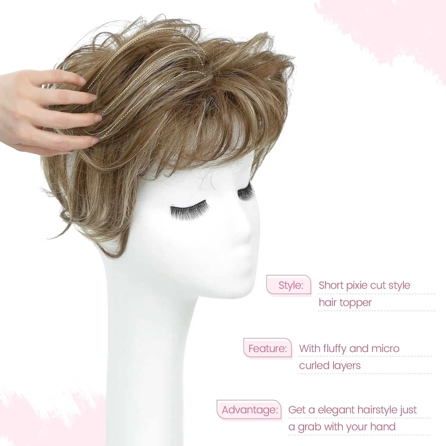 Topper de cabelo curto pixie corte toppers para mulheres com desbaste cabelo sintético wiglet toppers plenitude de volume instantâneo, aparência natural