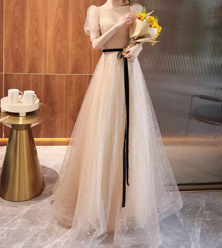 

Вечерние платья цвета шампанского с пышными рукавами, милое трапециевидное платье длиной до пола, со шнуровкой сзади, платье для банкета и выпускного вечера, платье Haute Couture Vestidos