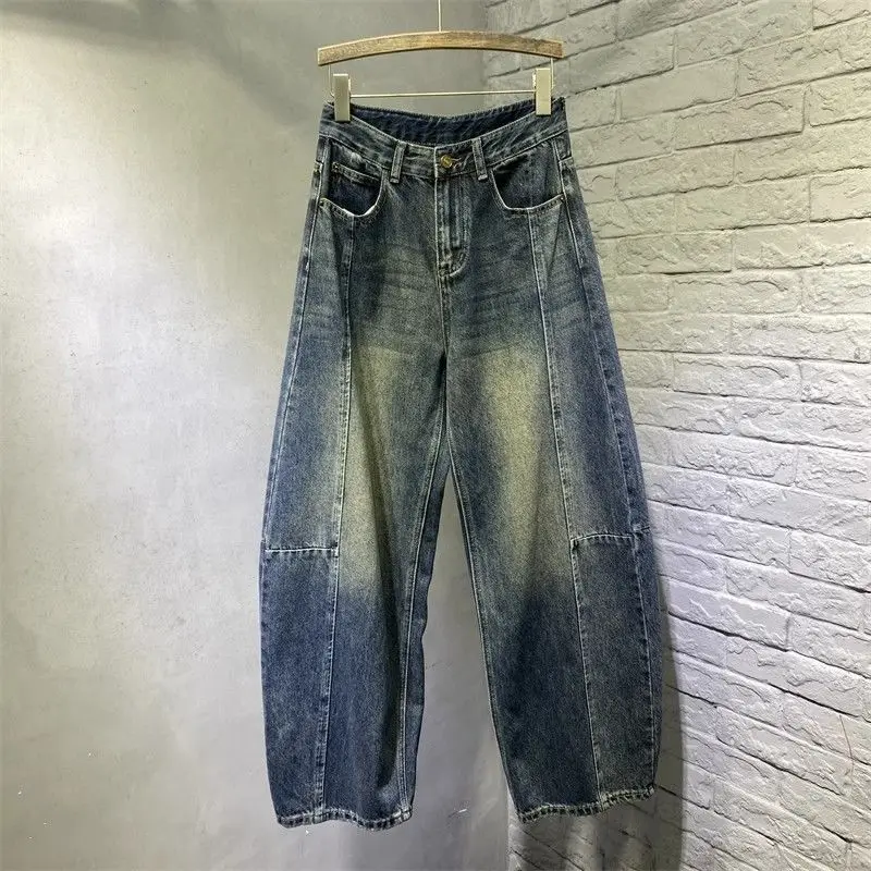 Damen-Jeans mit lockerem, weitem Bein, hohe Taille, Patchwork, lässig, Herbst 2022, Vintage-Stil, schlankmachende, konische Hose, Freizeithose