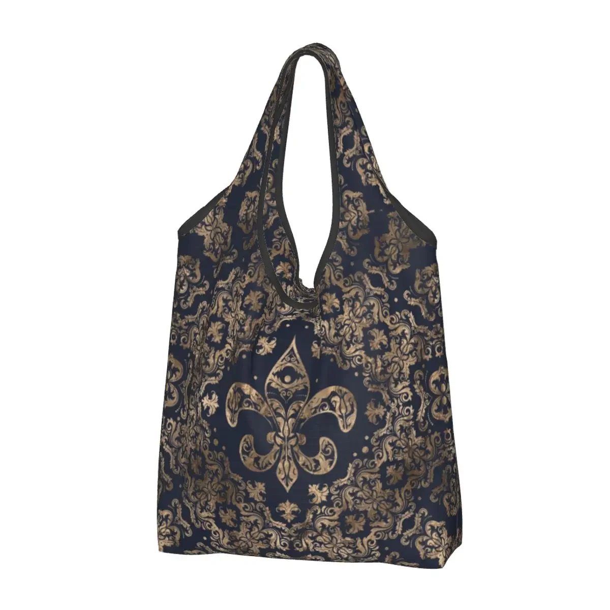 Luxury Ornament Gold And Dark Blues Tote Shopping Bags Fashion Fleur De Lis Lily Flower Royalty Petals Shoulder Shopper 