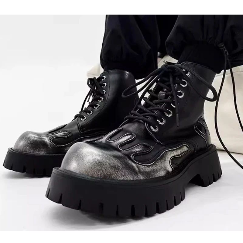 

Men's Gothic Flame Platform Boots Black High Top Ankle Boots Punk Style Chunky Sole Lace-Up Casual Fashion Shoes for Men 2026