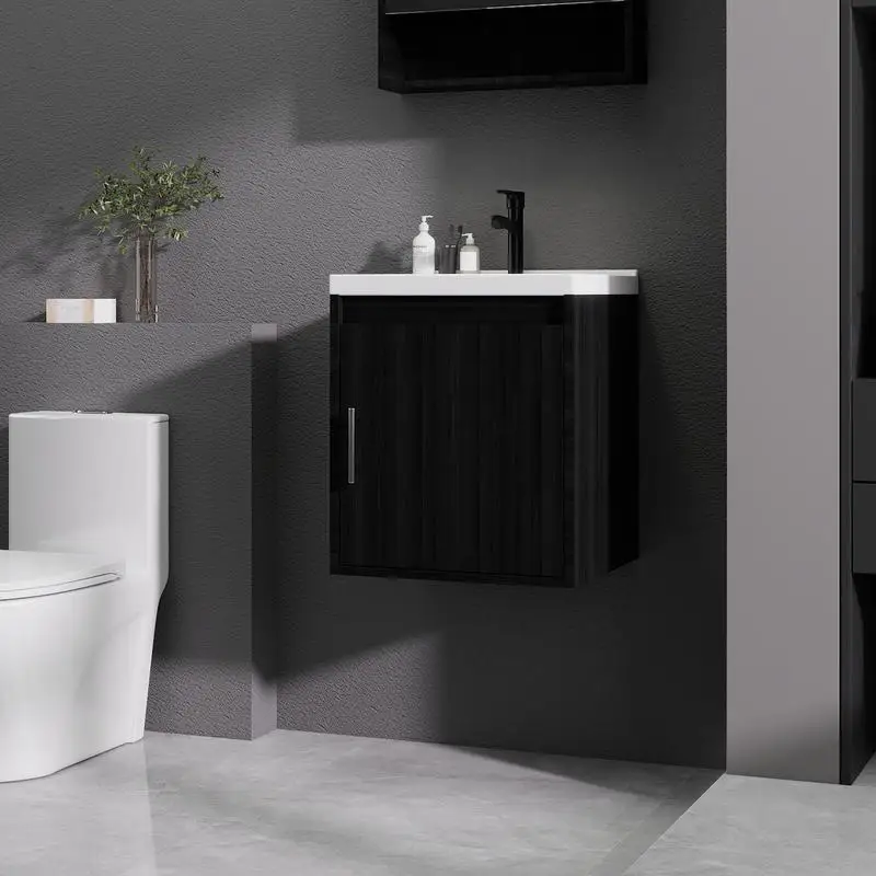 مجموعة حوض استحمام مقاس 16 بوصة مع مجموعة حوض سيراميك وباب مغلق ناعم، مثبت على الحائط، تتضمن استنزاف ومجيدة على شكل حرف P، لمسة نهائية من الكستناء الأسود (لا