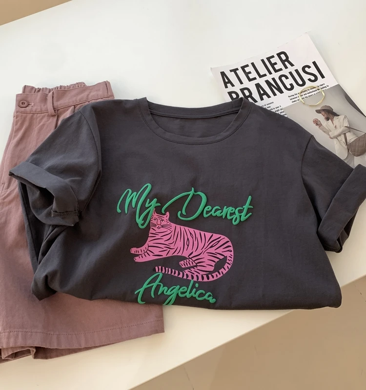 Extra Large 2300 Pound Cartoon Animal Print Short Sleeve Women's T-Shirt Summer Loose Lazy Style Elegant Pure Cotton Top