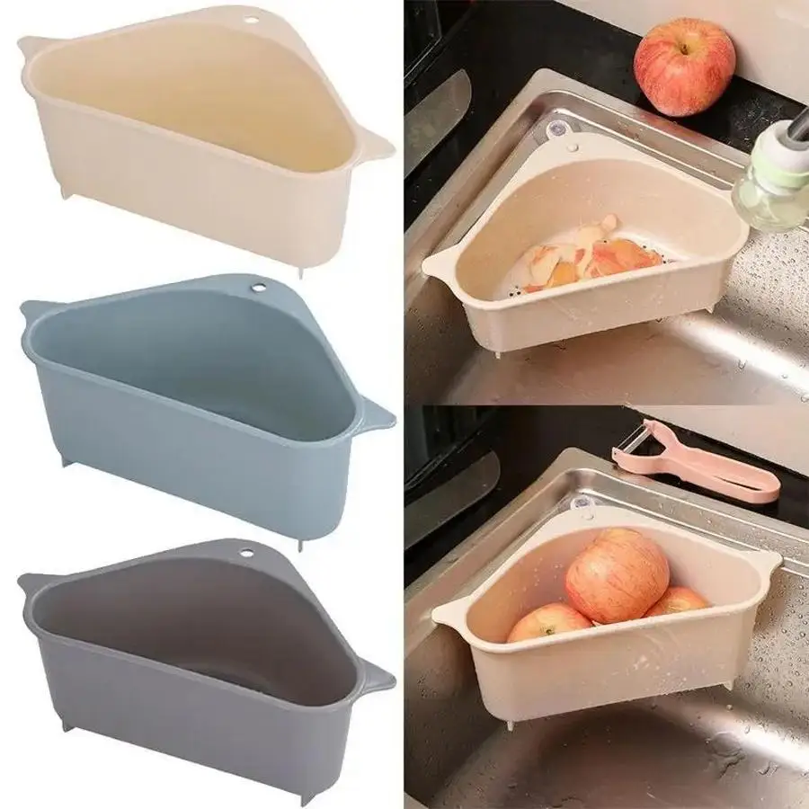 Triangle Kitchen Sink Drain Basket With Suction Cup Hanging Corner Strainer Food Scrap Fruit Peel Sponge Cloth Storage Organizer