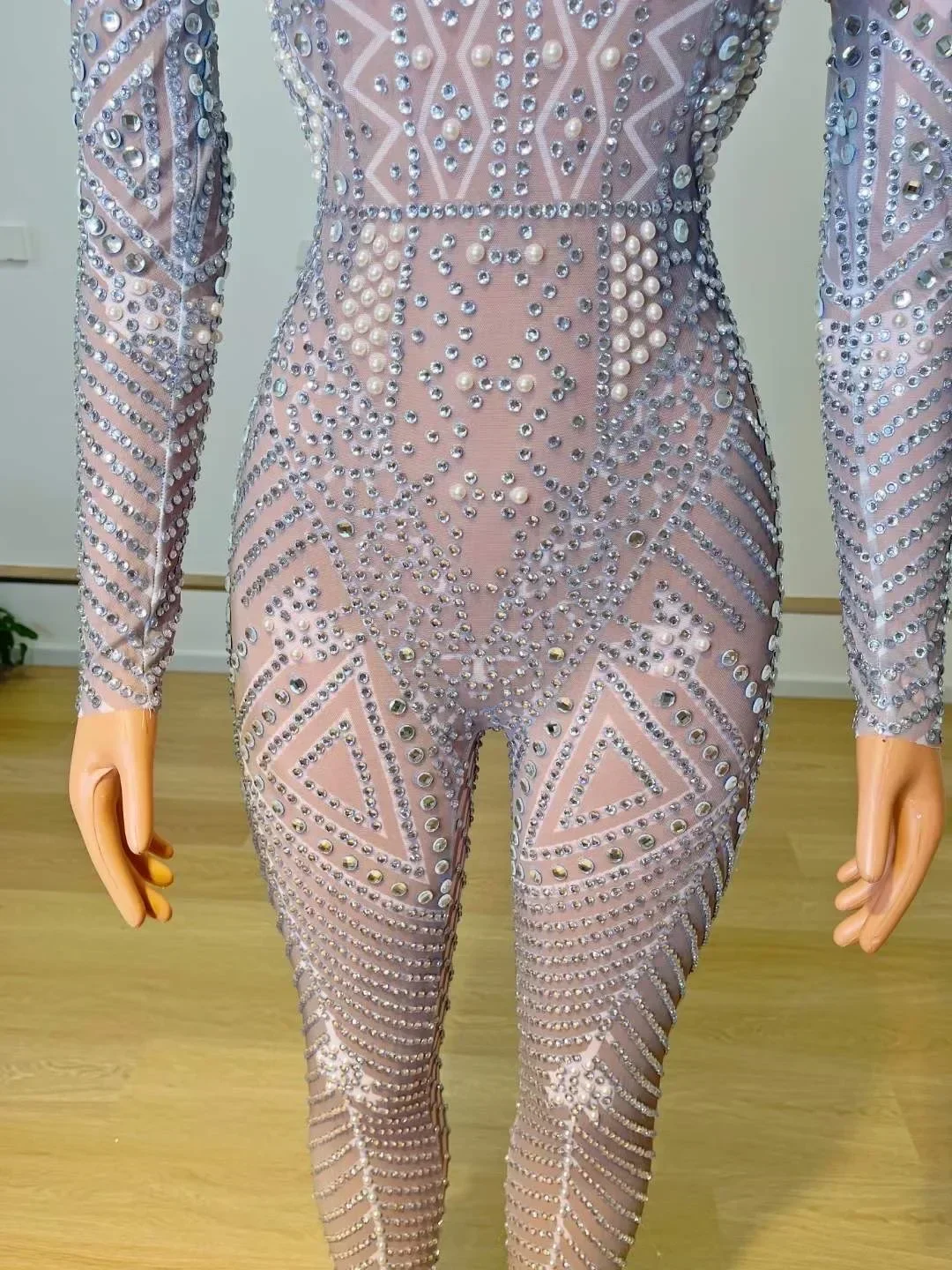 Shining Crystal Rhinestones Pearls Long Sleeves Sexy Jumpsuits For Women Nightclub Prom Wear Stage Perform Costume Pole DJ Cloth