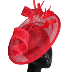 Red Kentucky Derby Fascinator Hat For Women Elegant Flower Sinamay Ladies Hats Wedding Party Cocktail Headwear Female Headbands