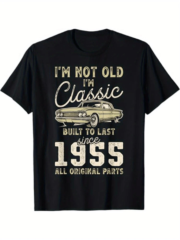 

1955 classic car pattern-men's 70th birthday 100% cotton short-sleeved T-shirt with "I am not old, I am classic" print.