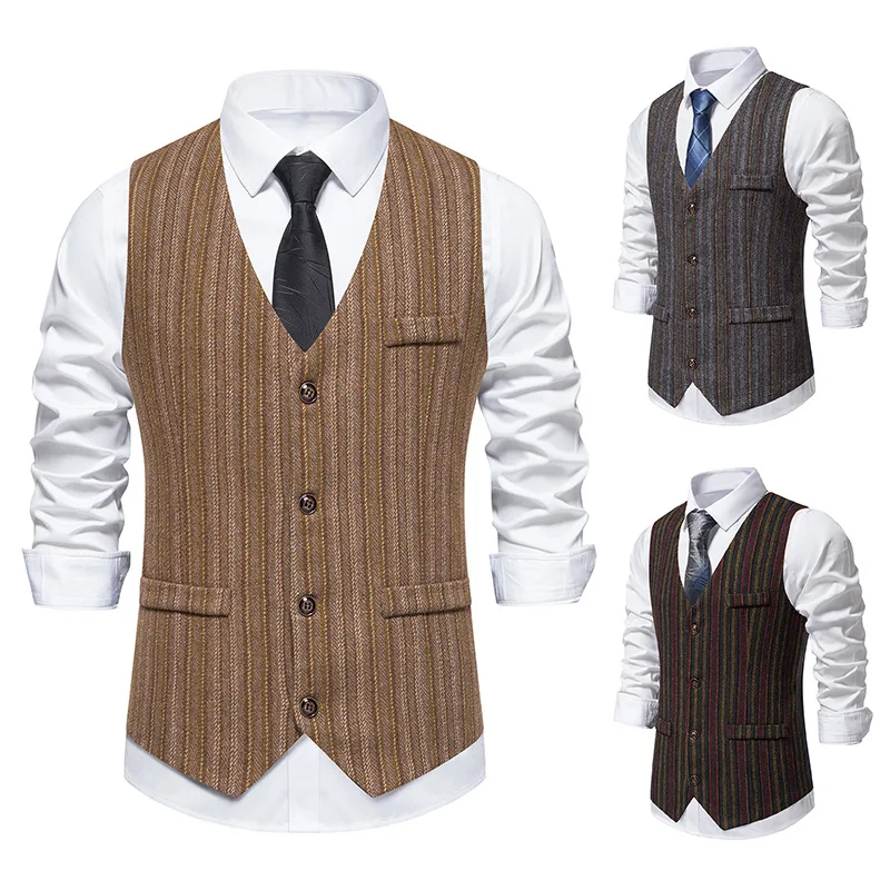 2024 New Men's Retro Single Breasted Casual Suit Vest Fashion Stripe V-neck Vest Trendy Men