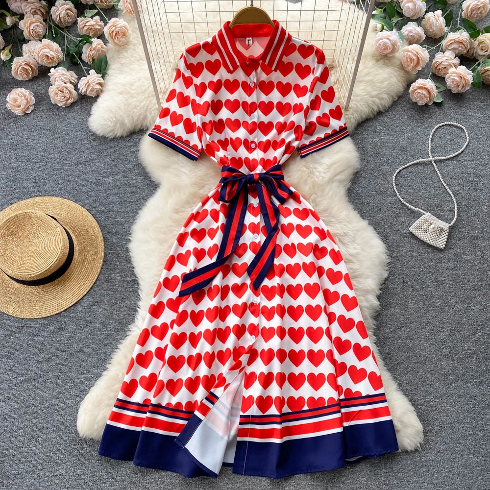 

Clothland Women Stylish Heart Print Red Shirt Dress Short Sleeve Sashes Long Blouses Shirt Summer Chic Midi Vestido DA213