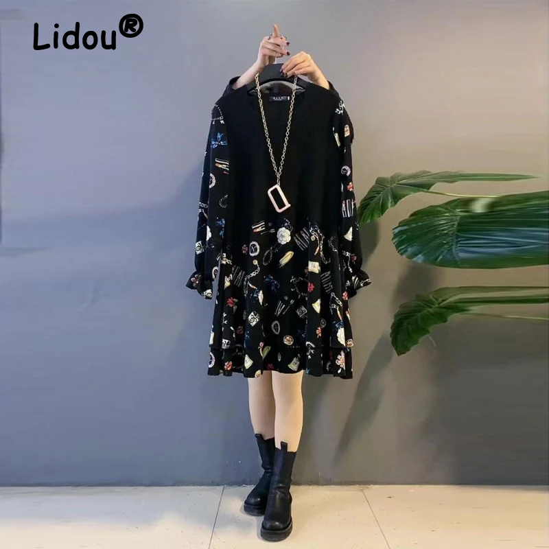 

Women's Korean Fashion Print Patchwork Casual Dresses Spring Autumn Female O Neck Long Sleeve Loose Midi Dress Elegante Vestidos