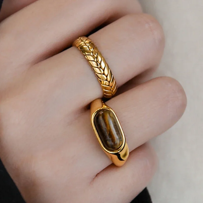 Vintage Oval Imitation Tiger's Eye Stone Rings Men's and Women's Ethnic Carved Wheat Ears Textured Open End Rings Set of Two