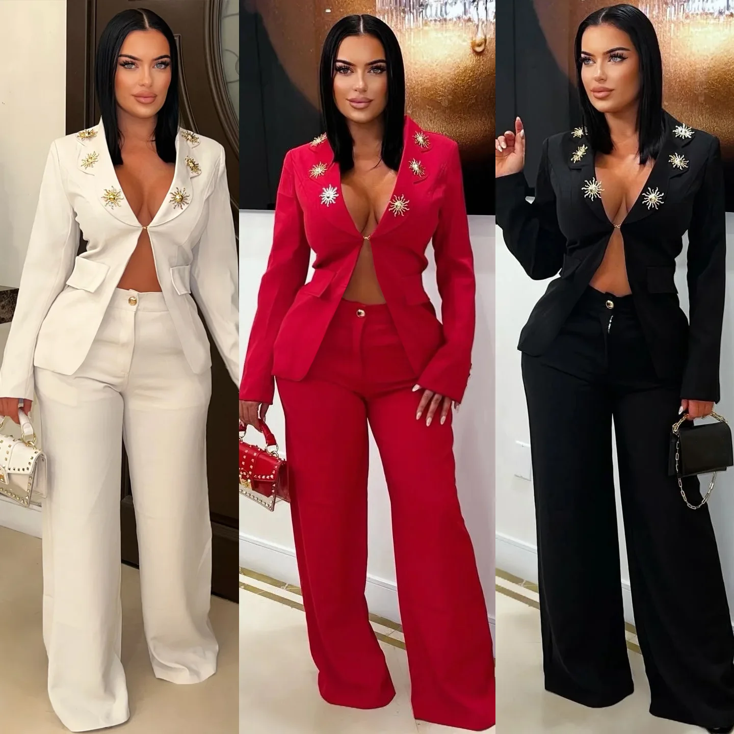 

Women Lapel Casual Long Sleeve Button Jacket Blazer & Loose High Waist Pants Office Smart Sexy Casual Suit Two-Piece Set