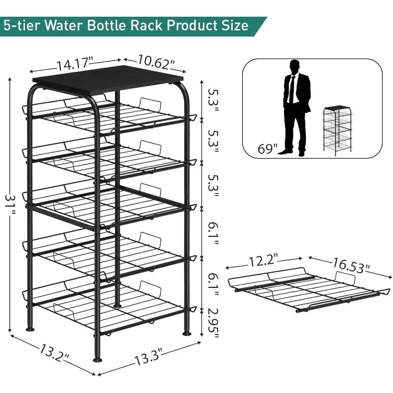 

5-Tier Heavy-Duty Metal Water Bottle Storage Rack with Sturdy Base - Large-Capacity Vertical Space-Saving Beverage Organizer Shelf for Kitchen Pantry, Fridge, Office - Holds Bottles, Cans, Jars - Black or Brown, Modern Design for Home & Commercial U