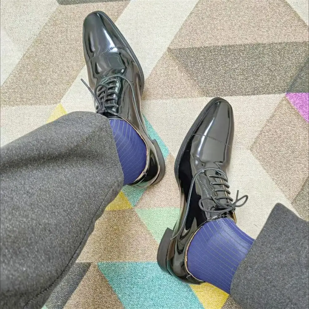 Formal Business Socks Mens Mid Calf Thin Nylon Breathable Striped Texture Smooth Comfortable Office Style For Muben Gentleman