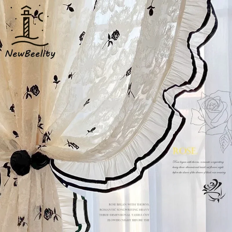 Black Embroidered Rose French Medieval Style Creamy Style Window Curtains for Living Room Bedroom Dining Romantic Lace Tulle
