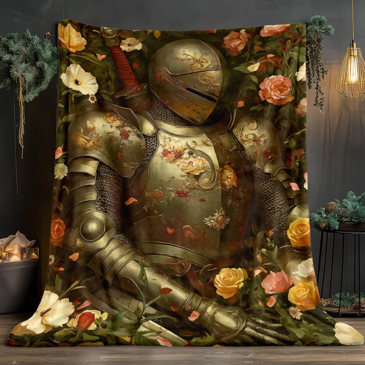 Knight Armor Roses Medieval Art Blanket Flannel Soft ThrowGothic Castle Decor Romantic Vintage Gift for History andFantasyLovers