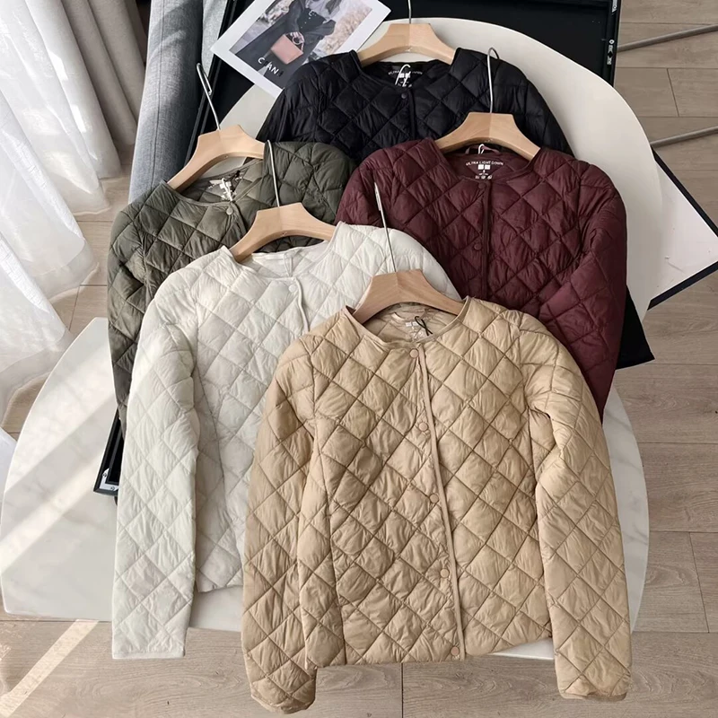 Women\'s Cotton Padded Coat Autumn Winter Round Neck Single Breasted Warm Quilted Jacket Casual Simple Female Wadded Outerwear